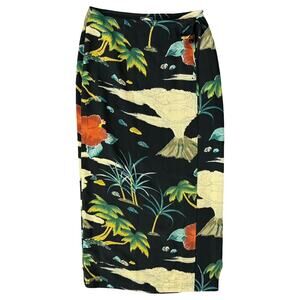 Vintage Tommy Bahama Black Green Cream Tropical Wrap Silk Midi Skirt size 10